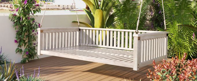 TOPMAX Patio Minimalist Twin Size Garden Swing Bed Wood Porch Swing with Ropes for Backyard, Safe Sloped Design, White