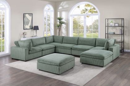 Sage Color 8pc Modular Sectional Set Corduroy Upholstery Couch 3x Corner wedge, 3x Armless Chairs 2x Ottomans Living Room Furniture