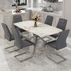 Table and chair set, large modern minimalist rectangular dining table, 0.39 "imitation marble tabletop and silver metal legs, soft PU leather seats. F