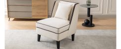 Velvet Upholstered Accent Chair with Black Piping, Cream and Black