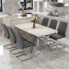 Table and chair set, large modern minimalist rectangular dining table, 0.39 "imitation marble tabletop and silver metal legs, soft PU leather seats. F