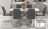 Table and chair set, large modern minimalist rectangular dining table, 0.39 "imitation marble tabletop and silver metal legs, soft PU leather seats. F