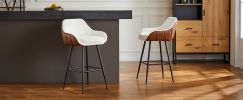 26" Modern Counter Height Bar Stools Set of 2, Mid Century Leather Upholstered Accent Arm Bar Stools, Leisure Side Chair with Metal Legs for Kitchen&D