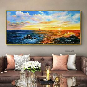 Handmade Hand Painted Wall Art On Canvas Horizontal Panoramic Abstract Modern Landscape Nightfall Sea Sky Home Living Room hallway bedroom luxurious d (size: 75x150cm)