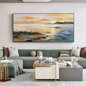 Hand Oil Painting Canvas Wall Art Decoration Abstract Seascape Painting Colorful Seaside Sunset for Home Living Room hallway bedroom luxurious decorat (size: 60x120cm)