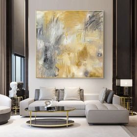 Yellow Gray Hand Painted Abstract Oil Canvas Painting Gold Wall Art Picture For Living Room Bedroom Home Decor (size: 60x60cm)