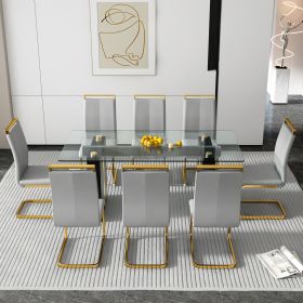 Table and chair set, large modern minimalist rectangular glass table, can accommodate 6-8 people, equipped with tempered glass tabletop and large MDF (Color: as Pic)