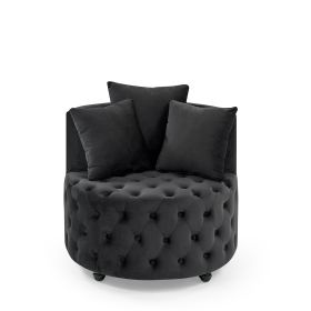 Velvet Upholstered Swivel Chair for Living Room, with Button Tufted Design and Movable Wheels, Including 3 Pillows (Color: Black)