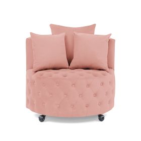 Velvet Upholstered Swivel Chair for Living Room, with Button Tufted Design and Movable Wheels, Including 3 Pillows (Color: Pink)