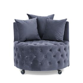 Velvet Upholstered Swivel Chair for Living Room, with Button Tufted Design and Movable Wheels, Including 3 Pillows (Color: Grey)