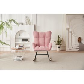 Rocking Chair Nursery, Solid Wood Legs Reading Chair with Teddy Fabirc Upholstered , Nap Armchair for Living Rooms, Bedrooms, Offices, Best Gift,Teddy (Material: Polyester, Color: Pink)